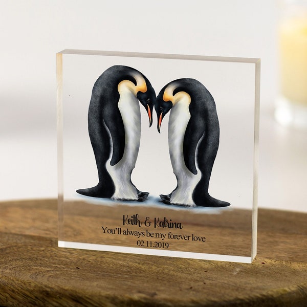 Personalised Penguin Couple Gift, Valentines Day Gift For Him/Her, Anniversary Gift, Wedding Custom Gift, Freestanding Acrylic Block