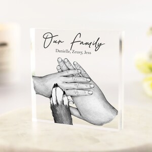 May include: A black and white illustration of three hands holding each other, with a dog paw in the centre. The text "Our family" is written above the hands, and the names "Danielle, Zeusy, Jess" are written below the hands.