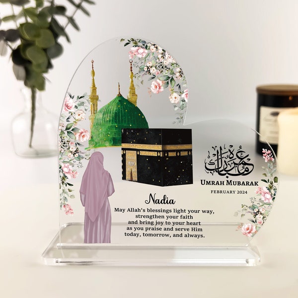 Umrah Mubarak cadeau voor haar, Hajj Mubarak, Islamitische Geschenken, Kaaba Illustratie Kunst, Eid Gift, Ramadan, Gepersonaliseerde Bloemenhart Acryl Plaque