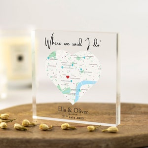 Hochzeitsgeschenk für Paare, Kartendruck des Hochzeitsortes, personalisierte Jahrestagsgeschenke, Andenken am Hochzeitstag, benutzerdefinierte Karte Acrylblock