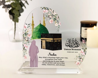 Umrah Mubarak gift for Her, Hajj Mubarak, Islamic Gifts, Kaaba Illustration Art, Eid Gift, Ramadan, Personalised Floral Heart Acrylic Plaque
