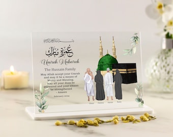 Umrah Gifts for Family, Couple, Parents, Clear Acrylic Plaque with stand, Hajj Mubarak, Eid Gifts, Ramadan, Kaaba Art, Floral Islamic Home