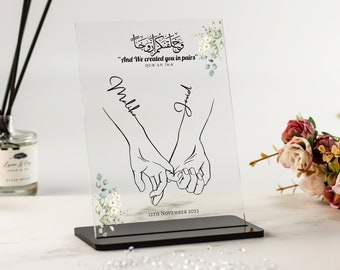 Islamic Wedding Gift for Couple, And We Created You In Pairs, Nikah, Anniversary, Engagement, Muslim Gifts, Hands Line Art Acrylic Plaque