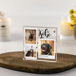 Peut inclure: Un bloc photo en acrylique transparent avec trois photos d'un Labrador Retriever noir. Le bloc porte le nom du chien "Kobe" et les mots "Forever Loved" imprim&eacute;s dessus.