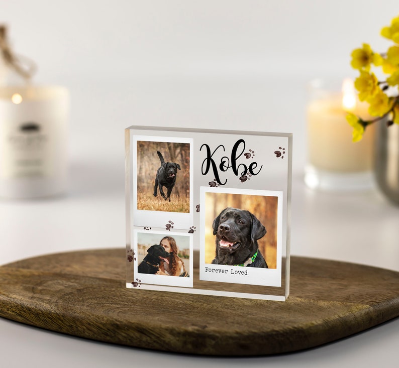 Peut inclure: Un bloc photo en acrylique transparent avec trois photos d'un Labrador Retriever noir. Le bloc porte le nom du chien "Kobe" et les mots "Forever Loved" imprim&eacute;s dessus.