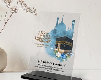 Umrah Mubarak Frame Acrylic Plaque, Personalised Islamic Gifts, Hajj Mubarak, Kaaba Art, Family Print, Muslim Presents Mum Dad Brother