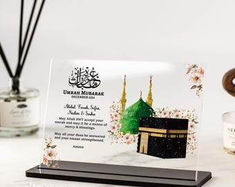 Personalised Umrah Mubarak Gift, Clear Acrylic Plaque Islamic Gifts, Hajj Mubarak, Kaaba Print, Eid Gifts, Ramadan, Custom Family Print