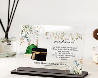 Umrah Mubarak Personalised Gift, Custom Names, Hajj Mubarak, Mum and Dad Gift, Gifts for Family, Muslim Kaaba Art Floral Acrylic Plaque