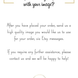 May include: Text explaining how to personalize a purchase with an image.  After placing an order, send a high-quality image via Etsy messages.  Contact us for further assistance.  The text is in a white box with a gold border.  The text "Personalised Bee" is in a circle with a bee graphic.