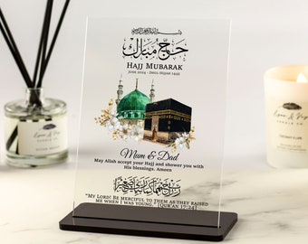 Hajj Mubarak, Umrah Mubarak Gift for Mum Dad, Parents Personalised Islamic Gifts, Kaaba and Dome Art, Muslim Presents Floral Acrylic Plaque