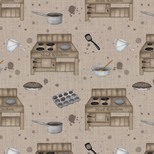 Puede incluir: Patrón repetitivo con el tema "Mud Kitchen". El diseño incluye ilustraciones de una estufa, pastel, cuenco, molde para muffins y otros utensilios de cocina. La paleta de colores es principalmente marrón y beige, con un fondo texturizado.