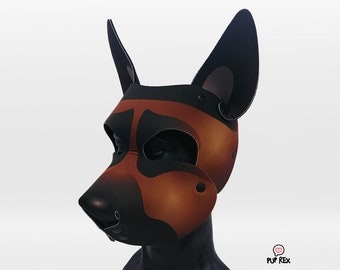 May include: A brown and black dog mask with floppy ears. The mask is made of a soft, flexible material and has a realistic design.