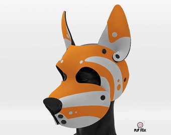 May include: Orange and white dog mask with black accents and a white nose. The mask has a white and orange swirl pattern.