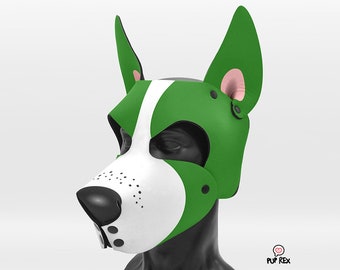 May include: Green and white dog mask with black accents and pink ears. The mask has a white muzzle with black dots and a black nose.