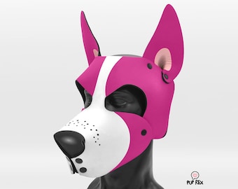 May include: Pink and white dog mask with black accents and a black nose. The mask has a white stripe down the center of the face and black dots around the nose and eyes.