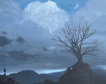 Finding Strenght in Roots and Branches an original oil painting, 36 x 48 inches, hand painted, realistic, surreal feel, landscape artwork