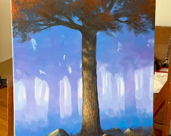 Complimenting The Light, 20 X 16 inches- acrylic painting, misty forest art, hand painted and signed