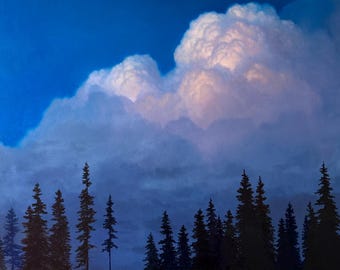 Over So Many Trees - an original oil painting, 30 x 48 inches, hand painted, realistic feel, landscape, signed artwork on canvas