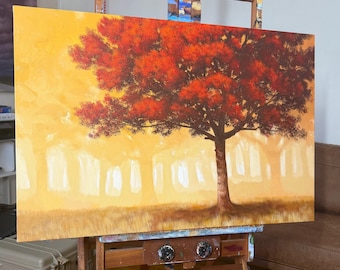 Fire in The Fall, 24 X 36 inches- acrylic painting, misty forest art, hand painted and signed