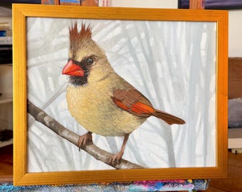 The Lady Cardinal - 11 x 14 inch acrylic painting on canvas.  Realistic hand painted artwork by Tim Gagnon