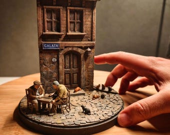 Istanbul Galata Miniature Diorama – Handmade Street Scene with Cats – Rustic Turkish Architecture – Unique Collectible Art Piece