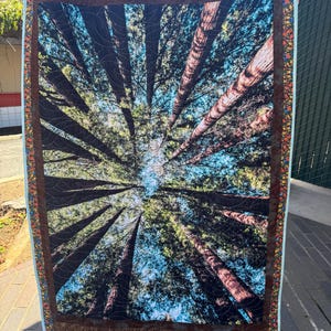 May include: A quilt with a photo of tall trees printed on it. The quilt is brown and has a blue border. The text "SANTA CRUZ VAC & SEW" is printed on the bottom of the quilt.