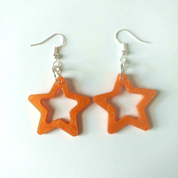 Orange star glitter earrings, Resin earrings, Orange earrings, Glitter earrings, Handmade jewellery, Star jewellery, Resin jewellery.