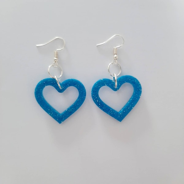 Blue heart earrings, Blue glitter earrings, Blue jewellery, Glitter earrings, Glitter jewellery, Heart earrings, Handmade resin jewellery.