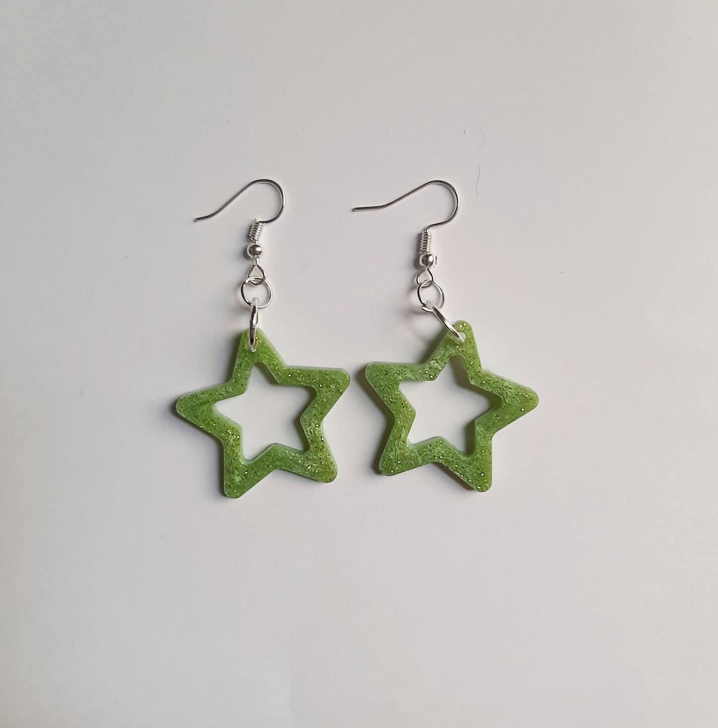 Green Star Earrings Green Glitter Earrings Resin Jewellery