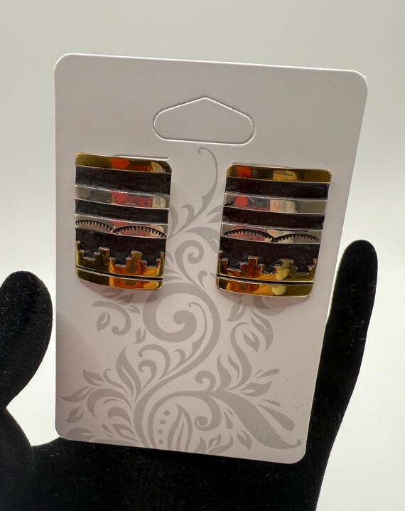 Sterling Silver Rectangle Post two tone Earrings - image 1