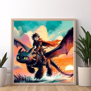 Toothless and Hiccup Wall Art, Instant Download, Watercolor Art