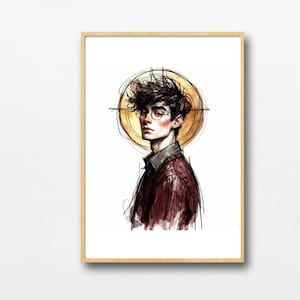 May include: A framed art print featuring a stylized portrait of a person with dark hair and glasses. The artwork has a sketch-like quality with a golden halo and a burgundy jacket. The background is white.