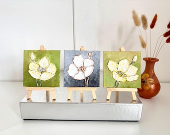 Mini Floral Canvas Painting with Easel: Original Handmade Art Gift