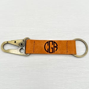 Custom Engraved Keychain Circular Monogram Personalized Leather Keychain Monogrammed Key Fob Gift for Anniversary Leather Gift