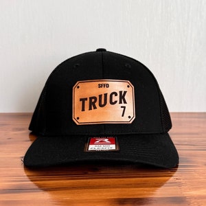 Custom Leather Firefighter Hat, Personalized Fire Department Hat, Fire Dept Trucker Hat, Fire Station Hat, Volunteer Firefighter Gift