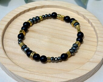 Black Onyx, Hematite & Antique Gold Stretch Bracelet