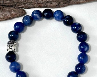Sodalite & Sterling Silver Buddha, Stretch Bracelets, Gemstone