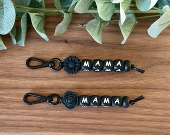 Silicone *MAMA* Bead Keychain Black Daisy Rose