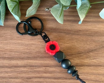 Silicone Beaded Keychains, Black Red Poppy