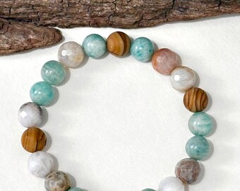 Amazonite, Wood Jasper & Bamboo Leaf Agate Stretch Bracelets, Gemstone