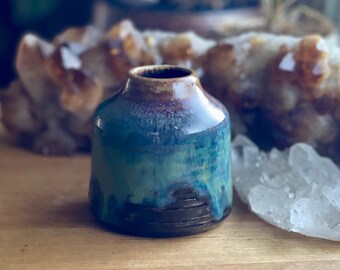 Small Bud Vase Rainbow Red Green Glaze Clay Drippy- hand made wheel thrown glazed pottery