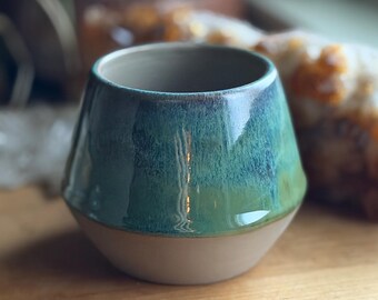 Green Glazed Grey Clay Bud Vase Trinket Bowl Dish etc - gray hand made wheel thrown glazed pottery brass