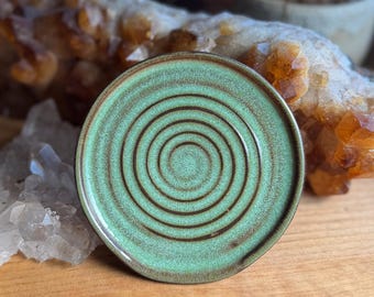 Green Ceramic Spoon Rest - handmade wheel thrown rustic pottery spots