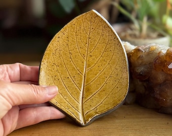 Handmade Leaf Trinket Dish, Amber Brown Ring Holder, Incense Burner
