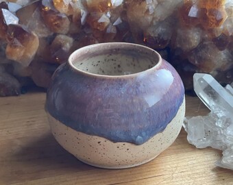 Pink and White Speckled Round Bud Vase or pencil holder etc - hand made wheel thrown glazed pottery brass