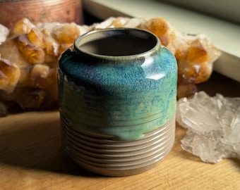 Textured Bud Vase Blue and Green Drippy Glaze on Grey Clay - hand made wheel thrown glazed pottery brass