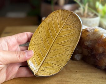 Handmade Leaf Trinket Dish, Amber Brown Ring Holder, Incense Burner