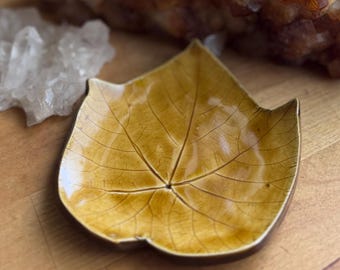 Grape Leaf Amber Brown Trinket Dish, Rustic Wheel Thrown Pottery Ring Holder