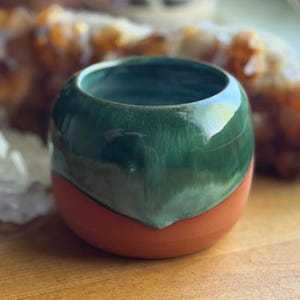 Green and White on Red Clay Bud Vase etc - hand made wheel thrown glazed pottery brass