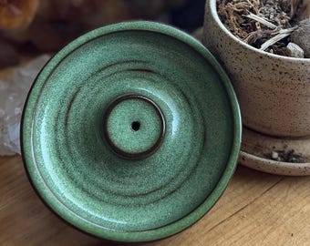 Stick Incense Burner - Luminous Green glaze on Dark Brown Clay - rustic handmade ceramics and pottery
